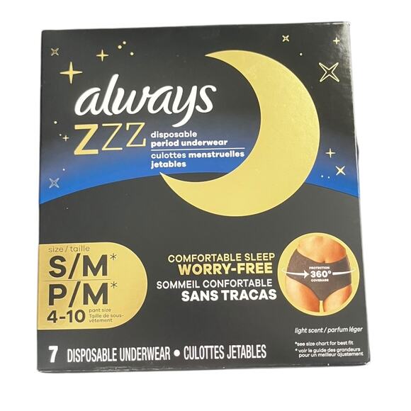 Always ZZZ Disposable Period Underwear S/M 4-10, 7 Count, Overnight Protection - Picture 1 of 5